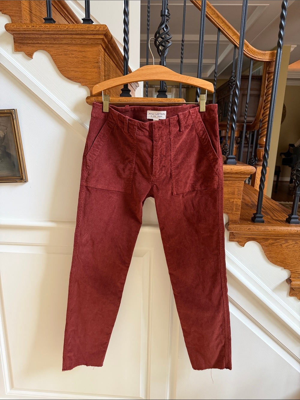 NWOT Nili Lotan Women's Ankle Corduroy Pants in Rust/Brown. Size 4. Raw Hem.